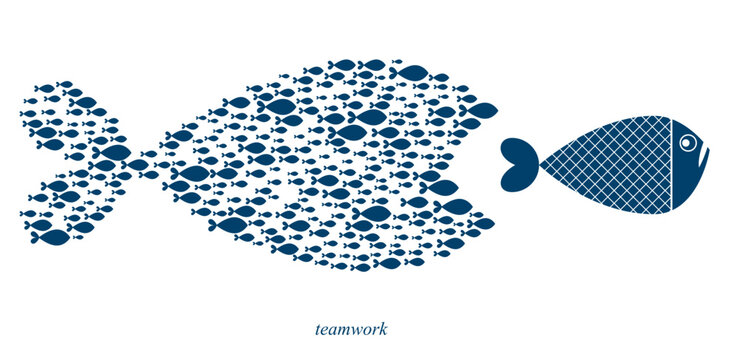 Teamwork concept a lot of small fishes creates team in a shape of big fish and trying to eat bigger fish vector illustration, motivational poster or banner.