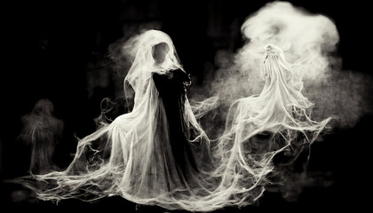 Fototapeta na wymiar Abstract scary ghost of a woman made from smoke. Halloween background. Digital art
