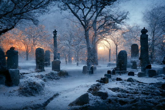 Cemetery covered by snow in winter. Dramatic sky background.
