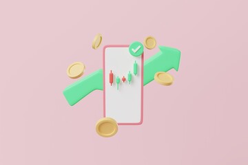 Smartphone with candlestick coins on and increasing arrow on pink background. Crypto or stock investment concept. 3d rendering