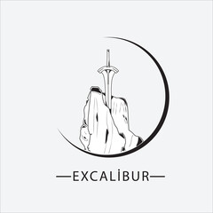 Excalibur logo icon with black circle. premium design inspiration, isolated in gray vintage logo, stuck in rock