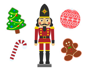 Obraz na płótnie Canvas Vector illustration of a nutcracker with christmas tree and christmas cookies