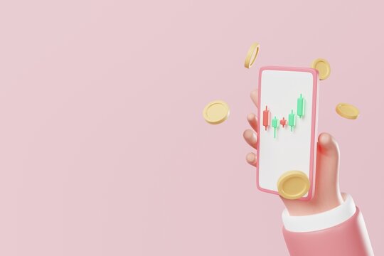 Hand holding smartphone with candlestick and coins on pink background. Crypto or stock investment concept. 3d rendering