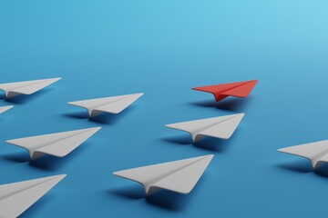 Red paper plane ahead of the other white planes on blue background. Business leadership, teamwork, team management concept. 3d rendering
