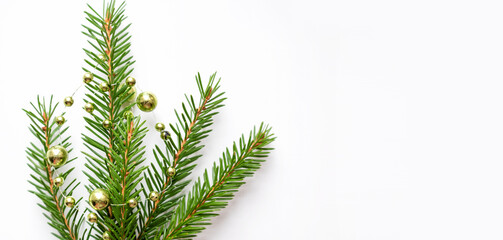 Christmas decorated fir branch on white background