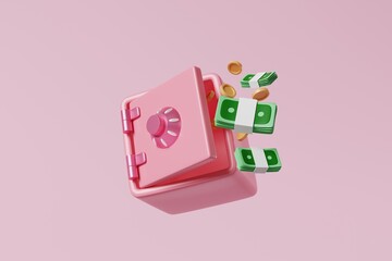 Fototapeta na wymiar Floating coins and banknotes with a pink safe box on pink background. Money savings, inflation, crisis, financial safety concept. 3d rendering