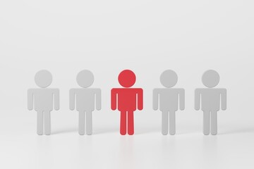 Illustration of red person different standing out in a crowd white people on white background. Red human model with the others in a row of leadership businessman, human resource concept. 3d rendering