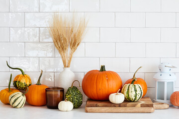 Still life harvest pumpkins, fall home decorations and vase of dry wheat on table in scandinavian kitchen interior.
