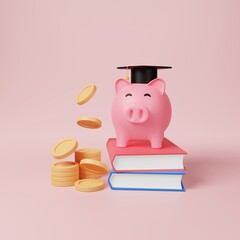 Piggy bank with black graduation cap, stacking book, coins on pink background. Money savings, invest in education or knowledge concept. Financial planning, bank loan for kid tuition cost. 3d rendering - obrazy, fototapety, plakaty