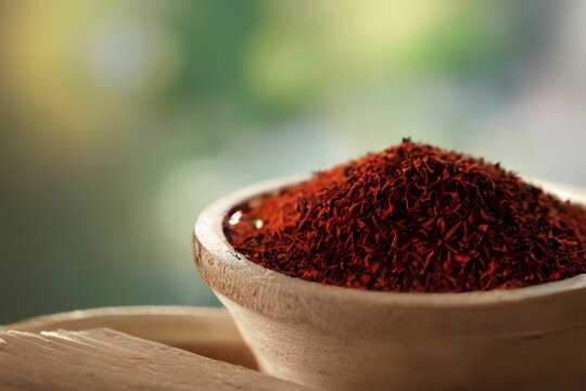 Closeup Of Red Saffron Powder In Wooden Bowl On Blur Background