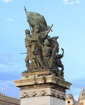 Vittoriano National Monument Detail with Bronze Sculpture Depicting Action in Rome, Italy