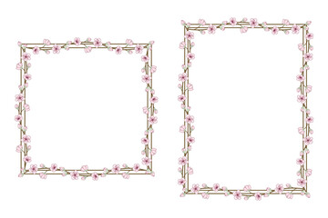 Set of 2 floral frames - pink sakura flowers. Borders with square and rectangular shapes.