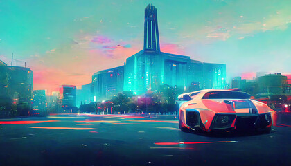 Super Exotic Car in Futuristic Cyberpunk City. Fantasy Backdrop Concept Art Realistic Illustration Video Game Background Digital Painting CG Artwork Scenery Artwork Serious Painting Book Illustration