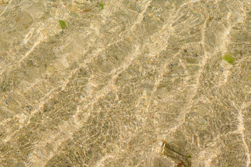 defocused natural beige crystal clear water reflection and sand texture background with copy space