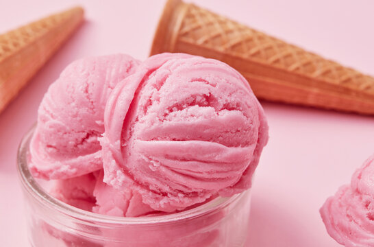Pink strawberry ice cream close-up