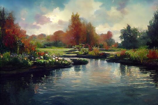 A digital oil style painting of Monets garden and water lillies