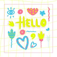 Hello funky elements vector gift card. Blue, yellow, pink fun hearts. flowers, Hello calligraphy design. Good mood gift card, sticker, wallpaper. Bright cool invitation card.