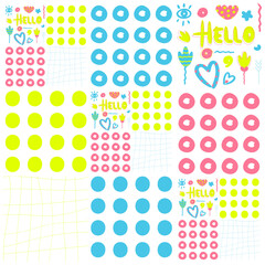 Hello funky dots vector pattern. Blue, yellow, pink fun elements. Hearts. flowers, Hello calligraphy design. Phone, desktop wallpaper. Bright cool wrapping paper.