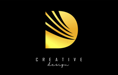 Golden letter D logo with leading lines and negative space design. Letter with geometric and creative cuts concept.