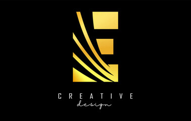 Golden letter E logo with leading lines and negative space design. Letter with geometric and creative cuts concept.