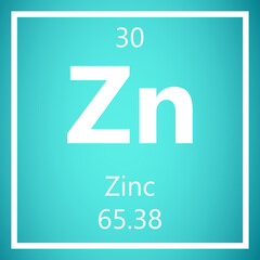 Zinc Zn Periodic Table of Elements, Atomic Mass Vector Illustration Molecule.
