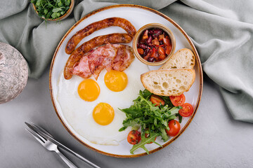 Fried eggs and bacon for breakfast on a plate