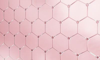 Pink transparency chemical glass hexagonal structure connection network background. Science and cosmetics concept. 3D illustration rendering