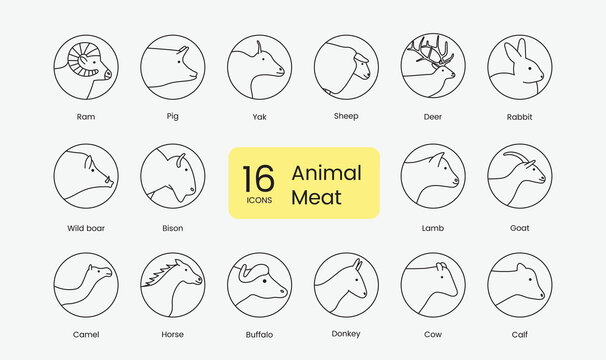 Types Of Head Animal Meat, Linear Icon In Vector Pig, Donkey And Cow And Beef, Wild Boar, Rabbit And Bison, Horse, Ram, Lamb, Goat, Deer, Venison And Yak.