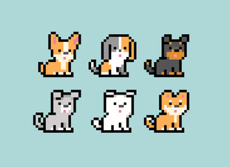 Naklejka premium Pixel Dogs Puppy vector collection. Pixel Art kawaii style pet. Cute Corgi and Shiba Inu puppies in 8-bit retro computer game style. Pixel animal pet vector illustration
