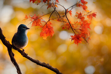 Bird on branch in orange fall tree, digital art