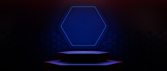abstract backgound video game of esports scifi gaming cyberpunk, vr virtual reality simulation and metaverse, scene stand pedestal stage, 3d illustration rendering, futuristic neon glow room © issaronow