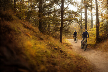 People mountainbiking through fall forest, digital art