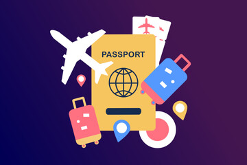 Traveling on airplane, planning for tourism on summer vacation concept. Business trip with passport and travel bag. Online ticket, travel booking and service concept.  Minimalist vector illustration