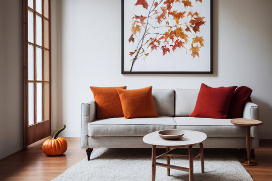 Living room decorated for fall, digital art