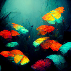 Fototapeta na wymiar Underwater background with various sea views. Underwater scene. Colorful sea fishes ocean underwater animals.