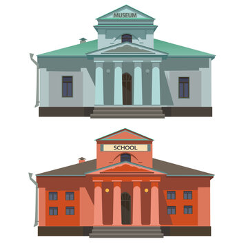 Facade of a museum or government building. ofice illustration isolated on white background.The image of the museum is made in red and blue colors. building for your logo and design.