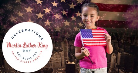 Obraz premium Portrait of smiling caucasian girl holding america flag by martin luther king jr day