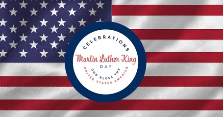 Digital composite of martin luther king day celebration badge over american flag - obrazy, fototapety, plakaty