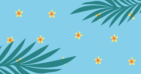 Fototapeta na wymiar Image of yellow flowers pulsating in formation over tropical leaves on blue background