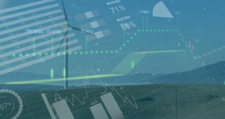 Image of financial data processing over wind turbine