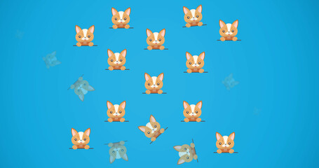 Naklejka premium Image of cute pet cat and dog portraits repeated, on blue background