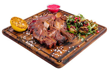 Grilled spicy pork chop with fried onions and arugula