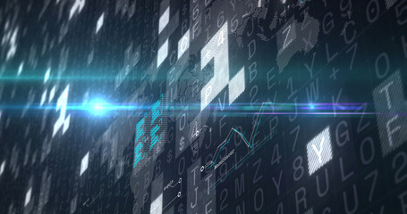Image of financial graph over data processing on dark background