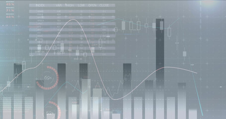 Image of financial data processing over businessman grey background