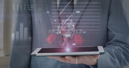 Image of financial data processing over businessman using tablet