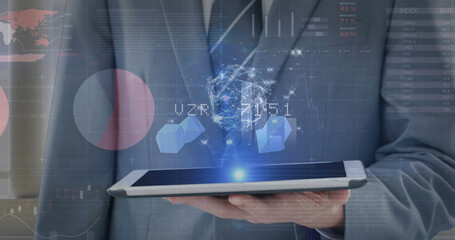 Image of financial data processing over businessman using tablet