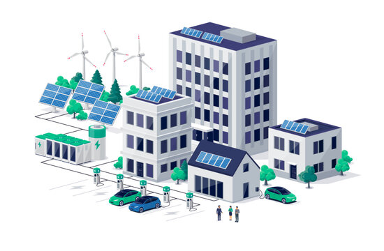 Smart sustainable eco city with residential downtown buildings and renewable solar wind power station with battery energy storage. Electric cars charging near house, work offices and business center.