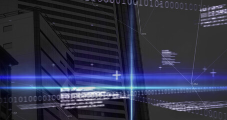 Image of statistics, binary coding and financial data processing over grid