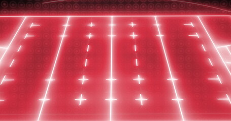 Image of red neon sports stadium over circles in row on black background