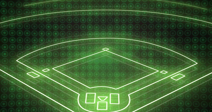 Image of neon sports stadium over green circles in row on black background